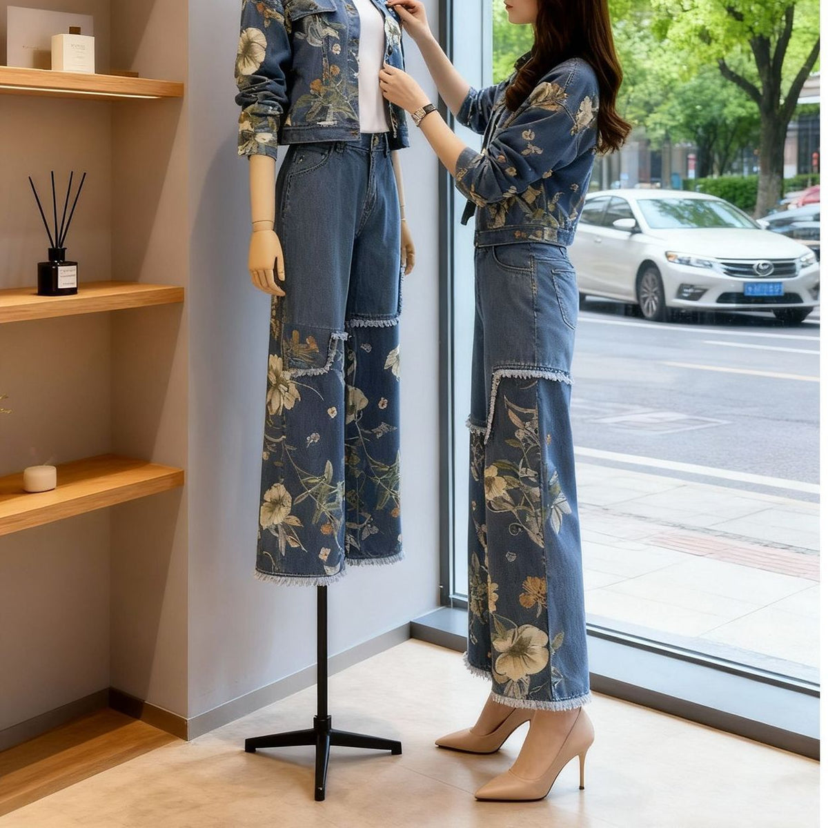 Spring and Autumn Casual Professional Fashion Suit 2025 New Women's Fashionable Slim Denim Wide Leg Pants Two-Piece Set Trendy