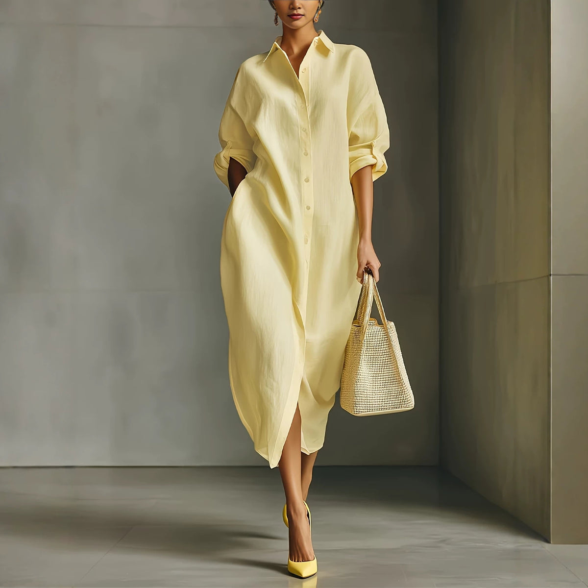 Enchanted 2026 European-Style Oversized Linen Long-Sleeve Shirt Dress with Rolled Cuffs and Side Slits