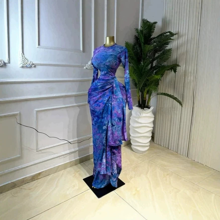In-Stock 2026 Spring/Summer Cross-Border Ins European and American Style Printed Long Sleeve Ruched Dress Elegant Vacation Long Dress