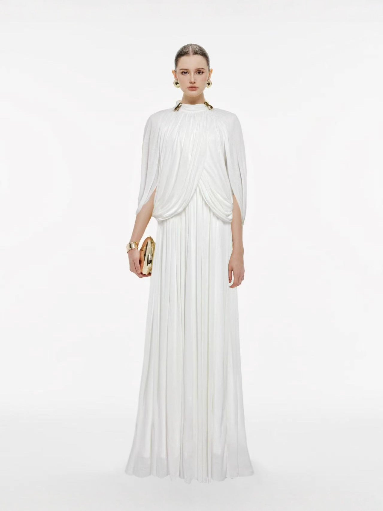 European and American Foreign Trade Cross-Border 2025 Autumn New Style Stand Collar Elegant Solid Color Pleated Knit Long Dress