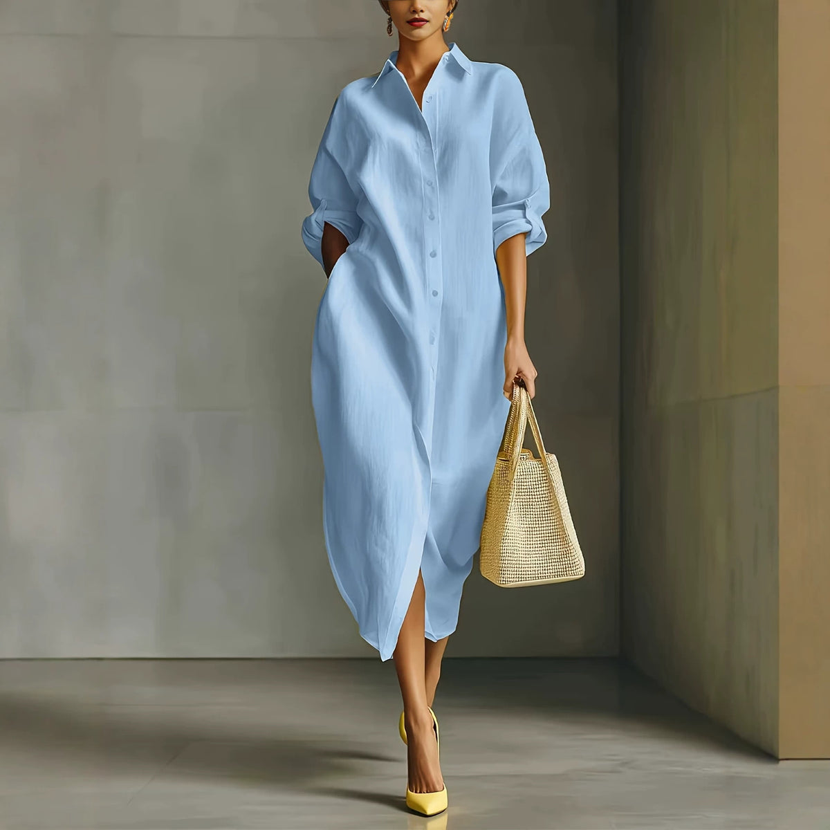 Enchanted 2026 European-Style Oversized Linen Long-Sleeve Shirt Dress with Rolled Cuffs and Side Slits
