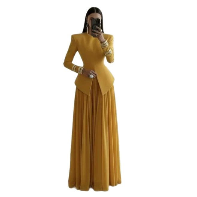 2026 New European and American Style Long-Sleeved Evening Dress for Women, High-End Slim-Fitting Suit Top, Chiffon Long Skirt Suit