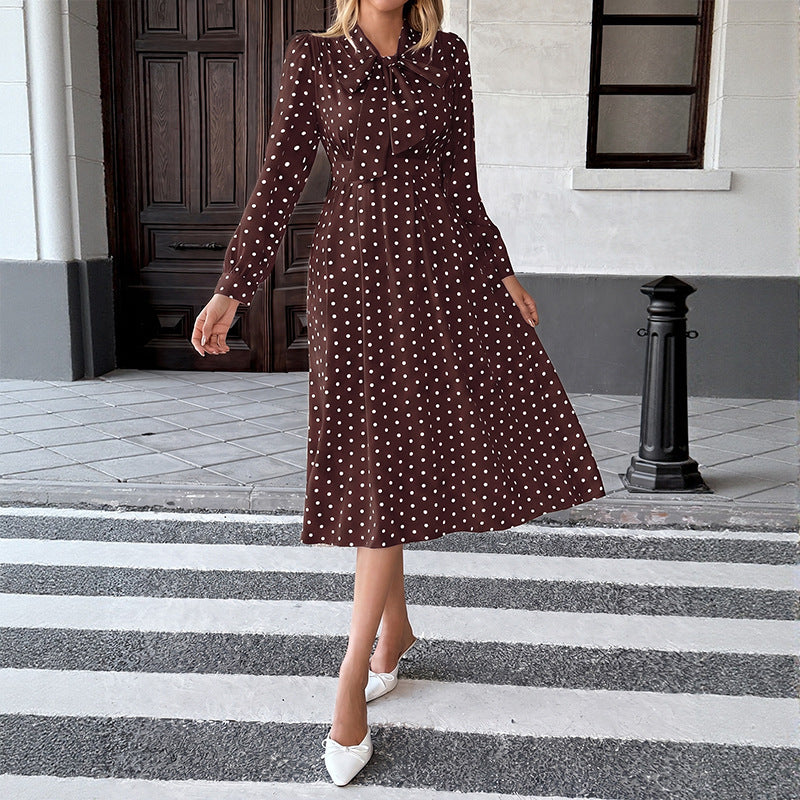 【Bai Fen Zhi Yi】Temu Cross-Border 2025 Autumn New Vintage Style Bow Collar Long Sleeve Polka Dot Dress