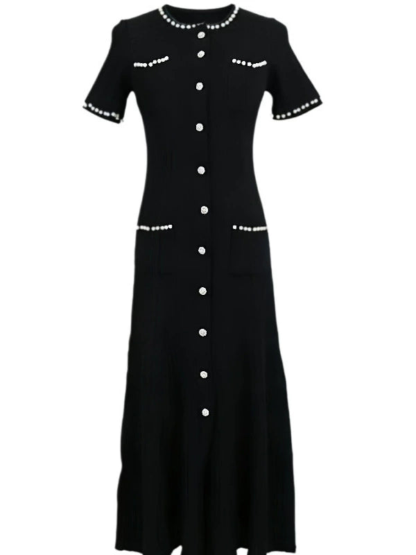 Cross-border French-style light luxury Chanel-inspired pearl round-neck knitted long dress, slim-fit, short-sleeved, fishtail dress