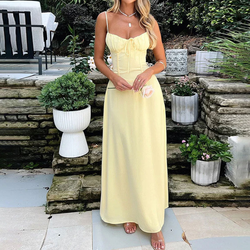 2025 Cross-Border European and American Export Women's Independent Station New Style Elegant Lace-Up A-Line Pure Color Mid-Length Dress