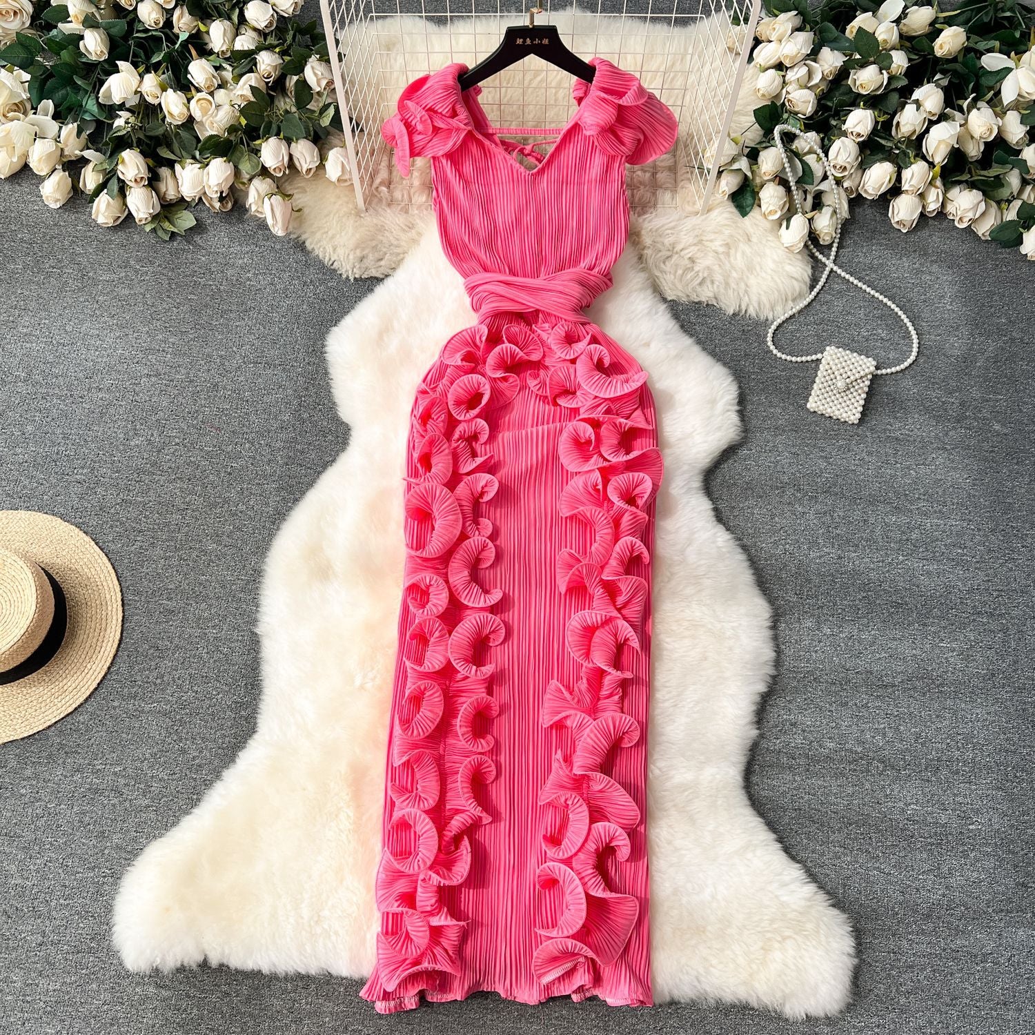 Banquet Classy Dress Classy Accessible Luxury Niche Pleated Stereo Ruffle Slim Long Elegant Dress for Women