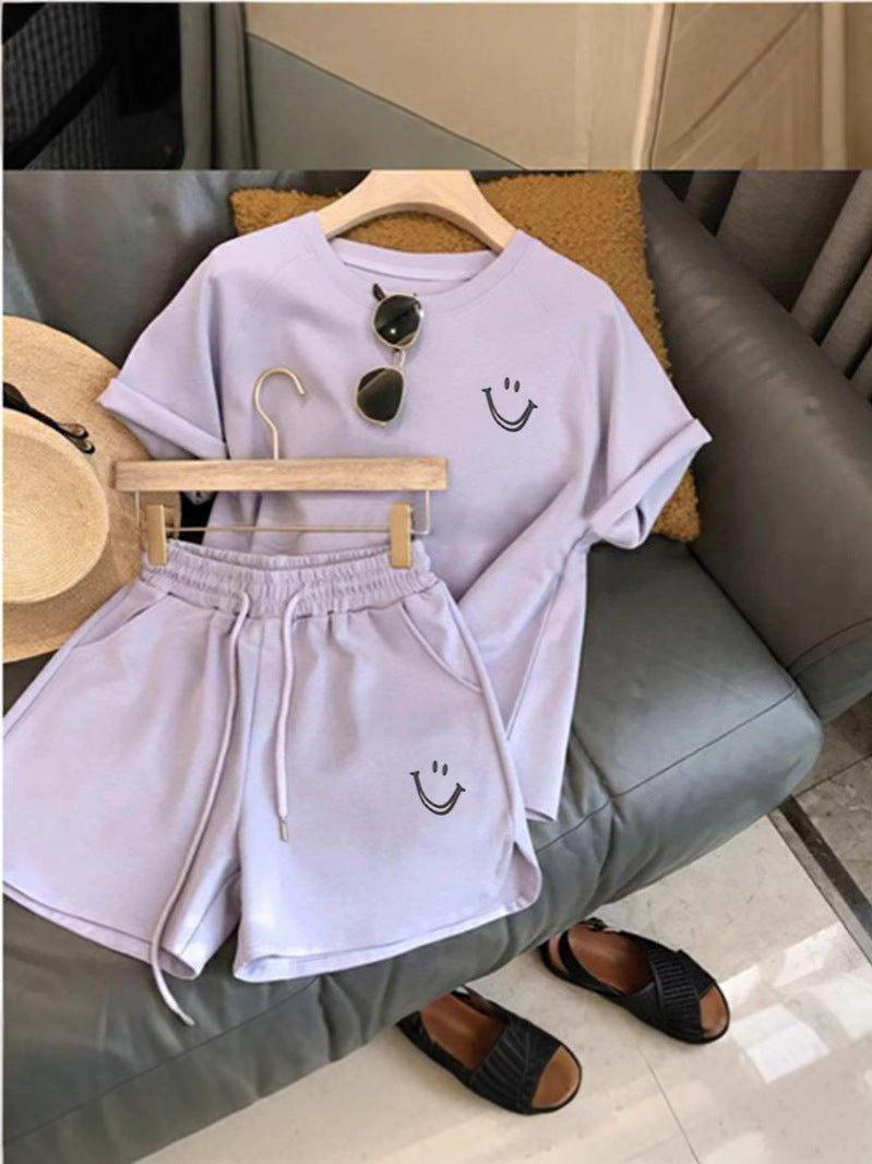 Cross-Border Smiling Face Printed Short-Sleeved Shorts Casual Sports Suit Women's Slim and Loose Korean Style Student Two-Piece Trendy Set