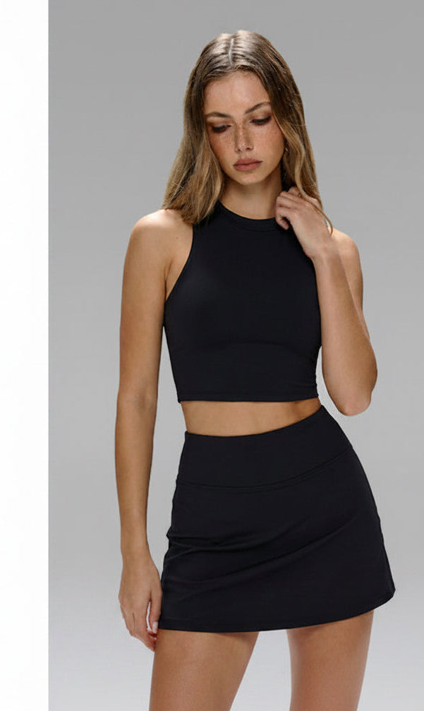 In-Stock European and American Style Naked-Feel Yoga Outfit Set for Women, Quick-Dry Sports Tennis Skirt, Slimming Fitness Two-Piece Set, Cross-Border