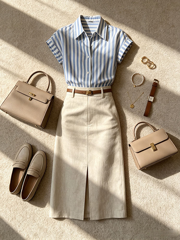 French-Style Striped Shirt and Skirt Set for Women, 2026 Summer New Style, Petite Commuter Professional Outfit Two-Piece Set