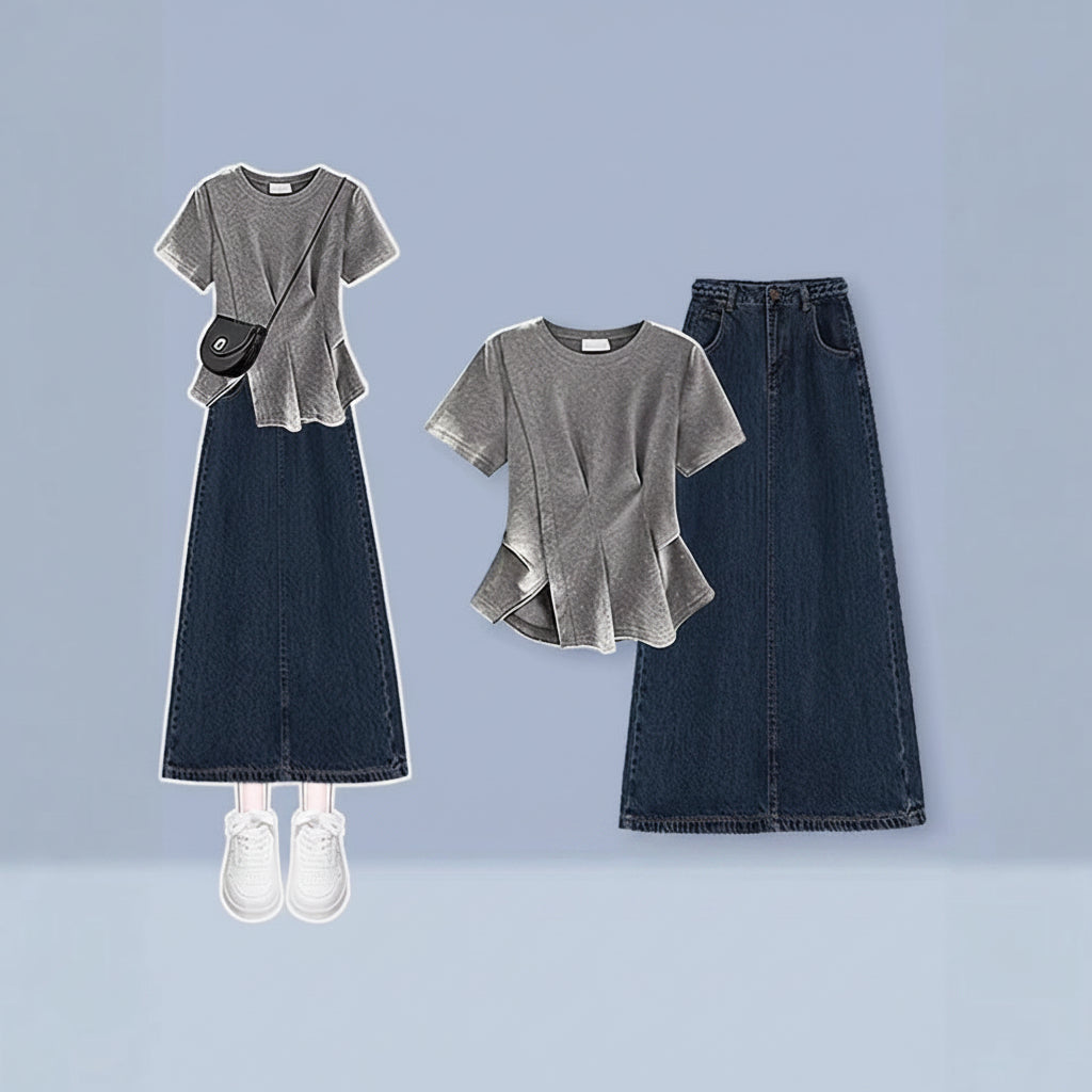 Plus-Size Summer Lazy Style Outfit for Women, Unique Casual T-Shirt Paired with Slimming Retro Denim Skirt Two-Piece Set