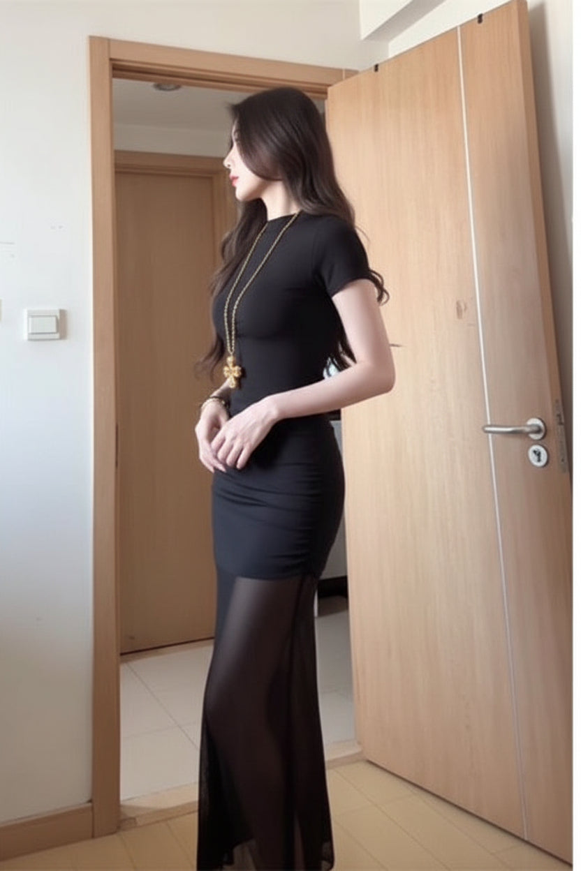 Black Mesh Splicing Dress Women's Summer New Design Niche Sexy Temperament Slim Hip-Hugging Long Skirt