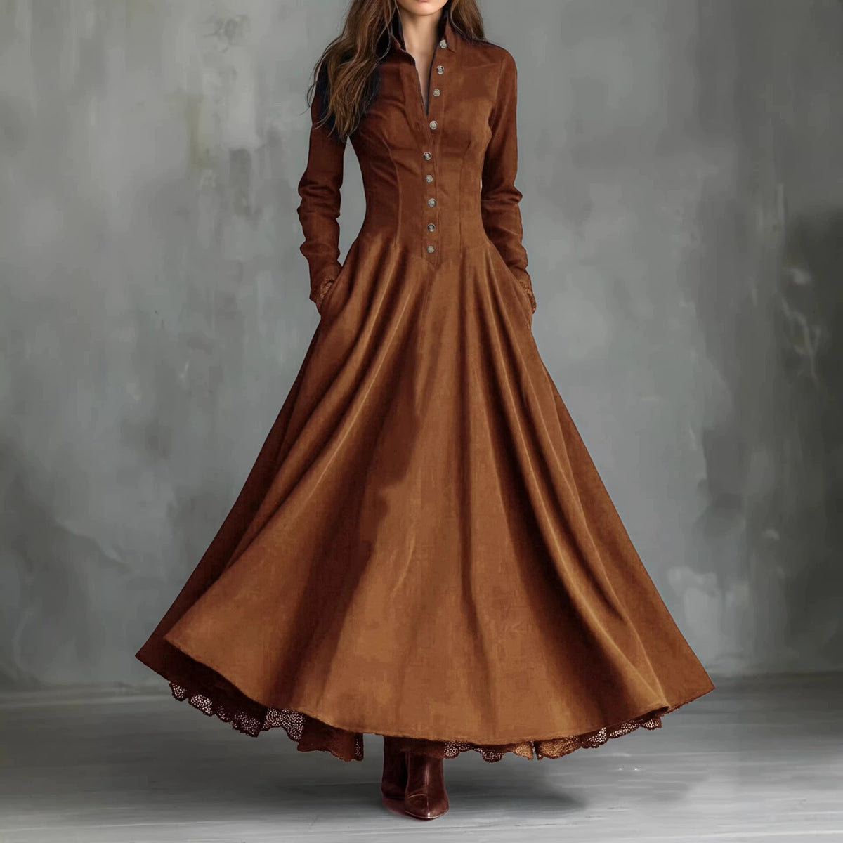 European and American Cross-Border 2025 Independent Site French Retro Style Faux Suede Lace Trim Patchwork Shirt Dress in Stock