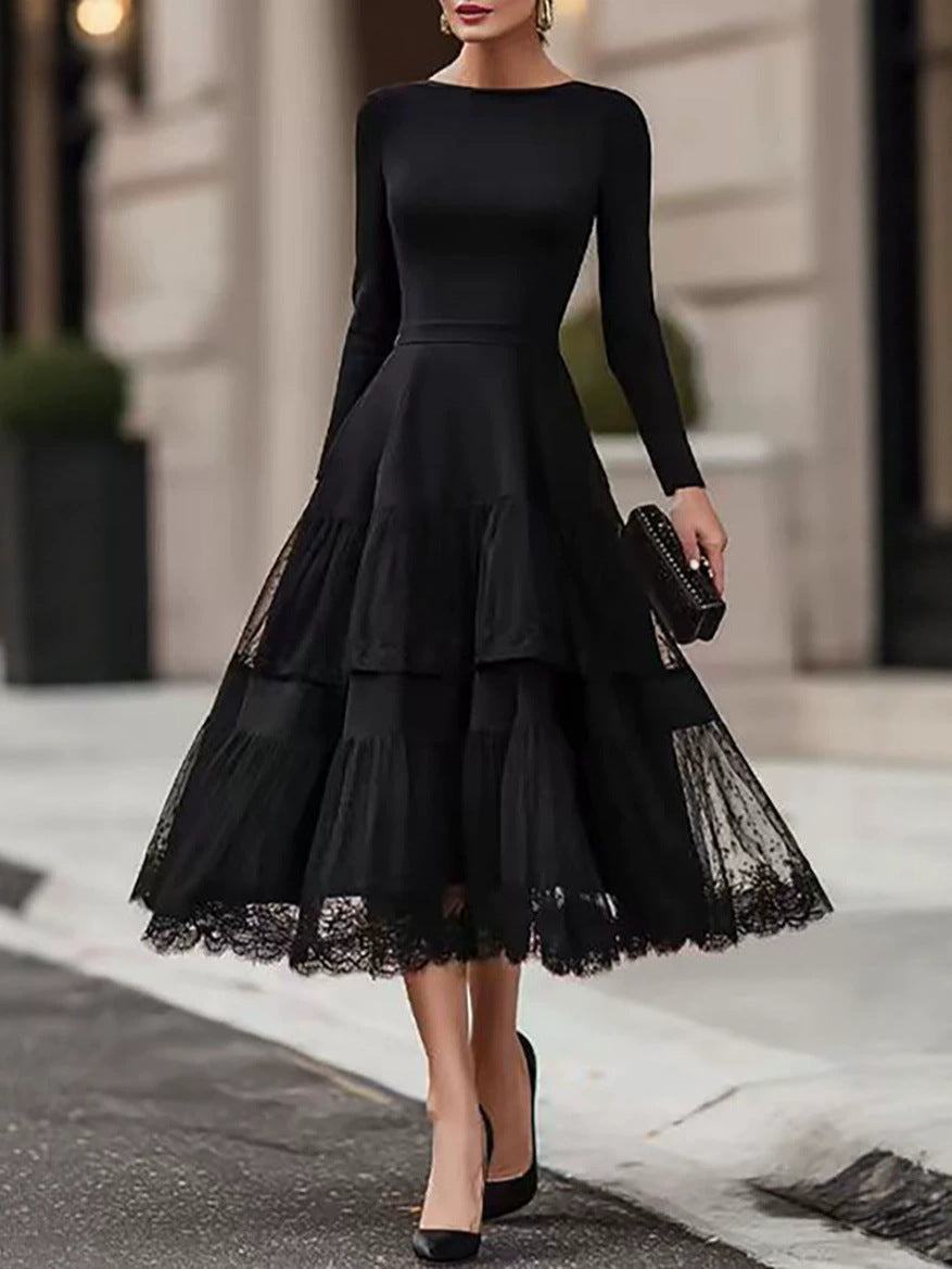 Disney Enchanted 2026 Autumn Collection: Elegant French-Style Mesh Patchwork Long-Sleeve Dress