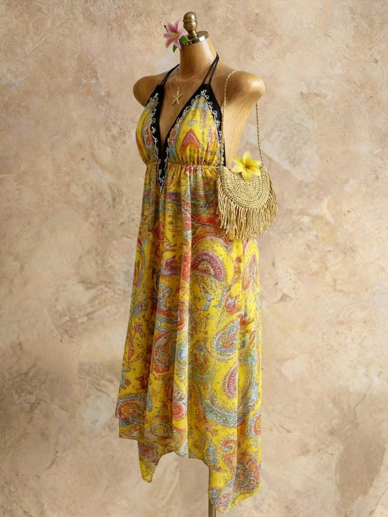 Retro Bohemian Style Suspender Deep V-Neck Long Dress High-Waisted Printed Summer Seaside Backless Dress Sexy