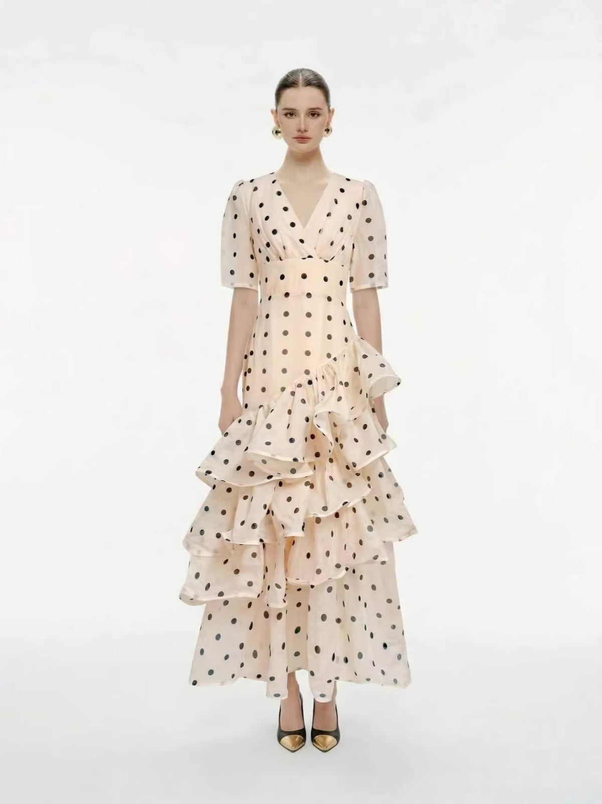 Irregular V-Neck Tie-Up Long Dress 2026 Cross-Border New Product Apricot Color Polka Dot High-Waisted Short-Sleeved Dress