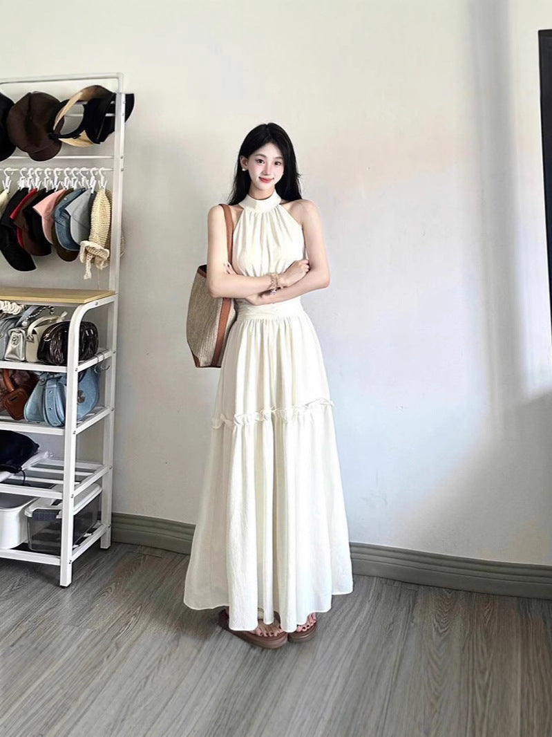 Seaside Resort Style White Sleeveless Halterneck Dress Women's Summer Design Waist Slimming Long Skirt