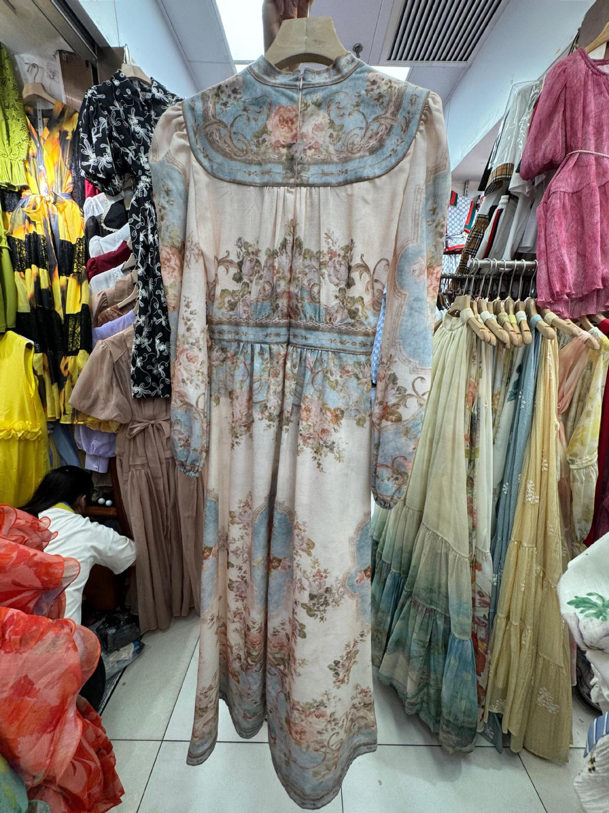 Ready-Made Holiday Style Printed Single-Breasted Long-Sleeved Dress for Women, Holiday Style Retro Long Skirt, Thirteen Lines Wholesale for Women