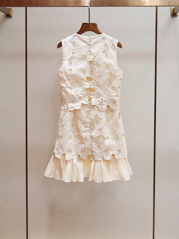 S Brand Summer New French Niche Heavy Floral Hollow-Out Patchwork Faux Two-Piece Round Neck Sleeveless Straight Dress