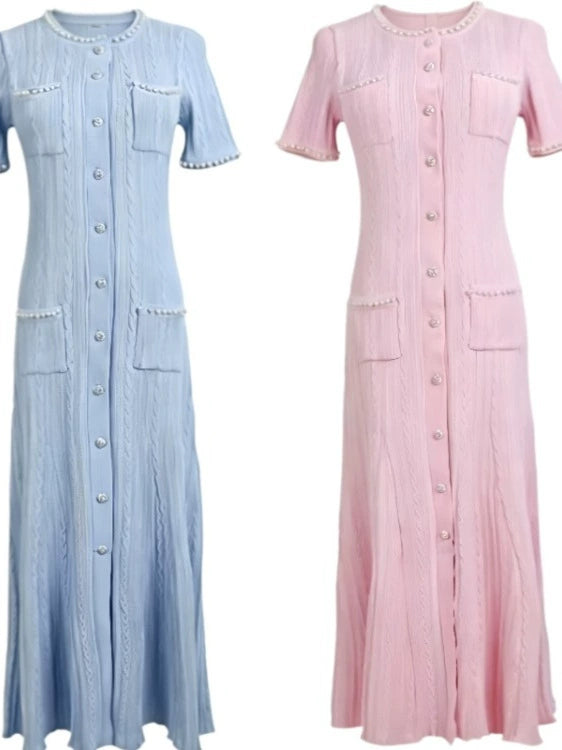 Cross-border French-style light luxury Chanel-inspired pearl round-neck knitted long dress, slim-fit, short-sleeved, fishtail dress