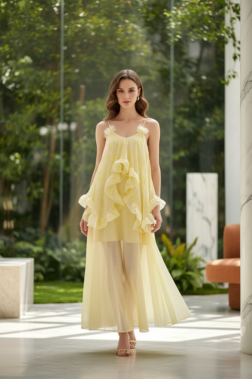 "Xinxing" French-Style Moonlight Spaghetti Strap Dress with Fairy-Like Ruffles and a Faux Two-Piece Design for Vacation