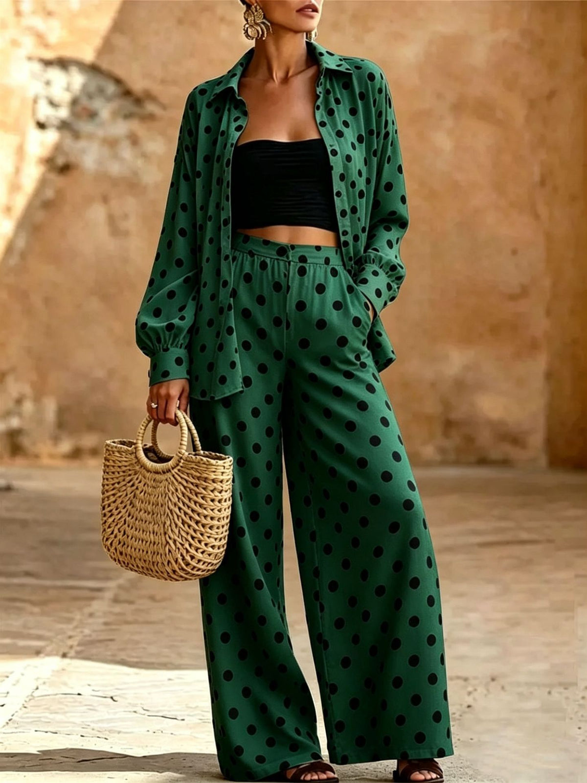 2026 Spring and Autumn Polka Dot Casual Suit for Women, Loose Wide-Leg Pants Two-Piece Set, Fashionable and Versatile Commuting Design