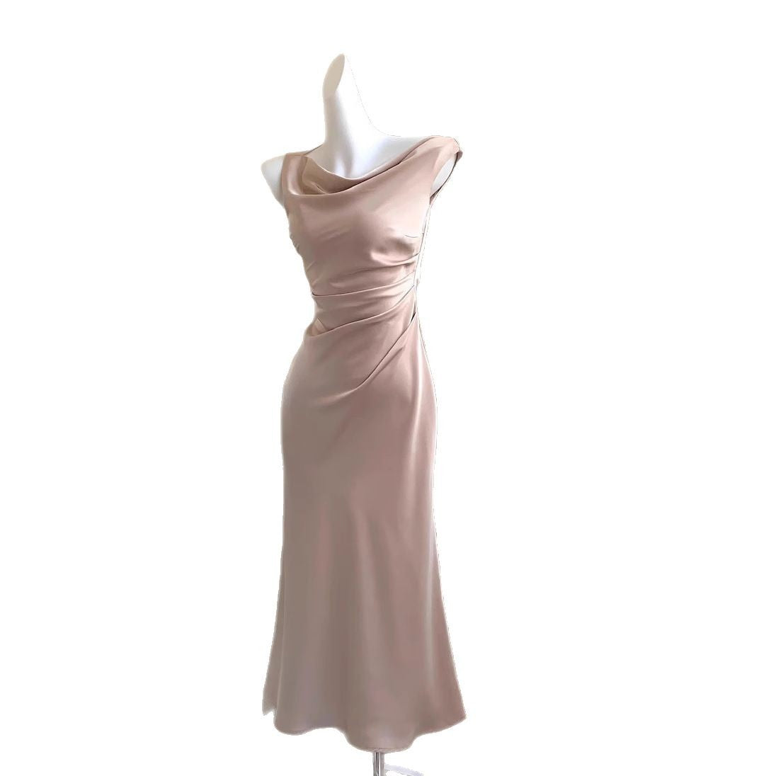 French-Style Elegant Satin Dress 2026 New Summer High-End Off-Shoulder Draped Collar Gown Mermaid Dress for Women