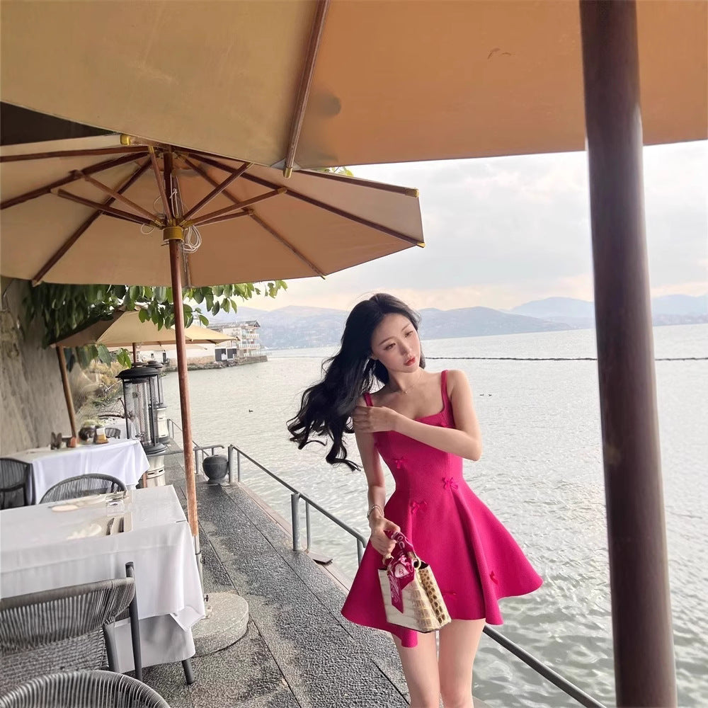 French-Style Elegant Dress for Petite Women, High-End Exquisite Princess Bow Dress with Spaghetti Straps