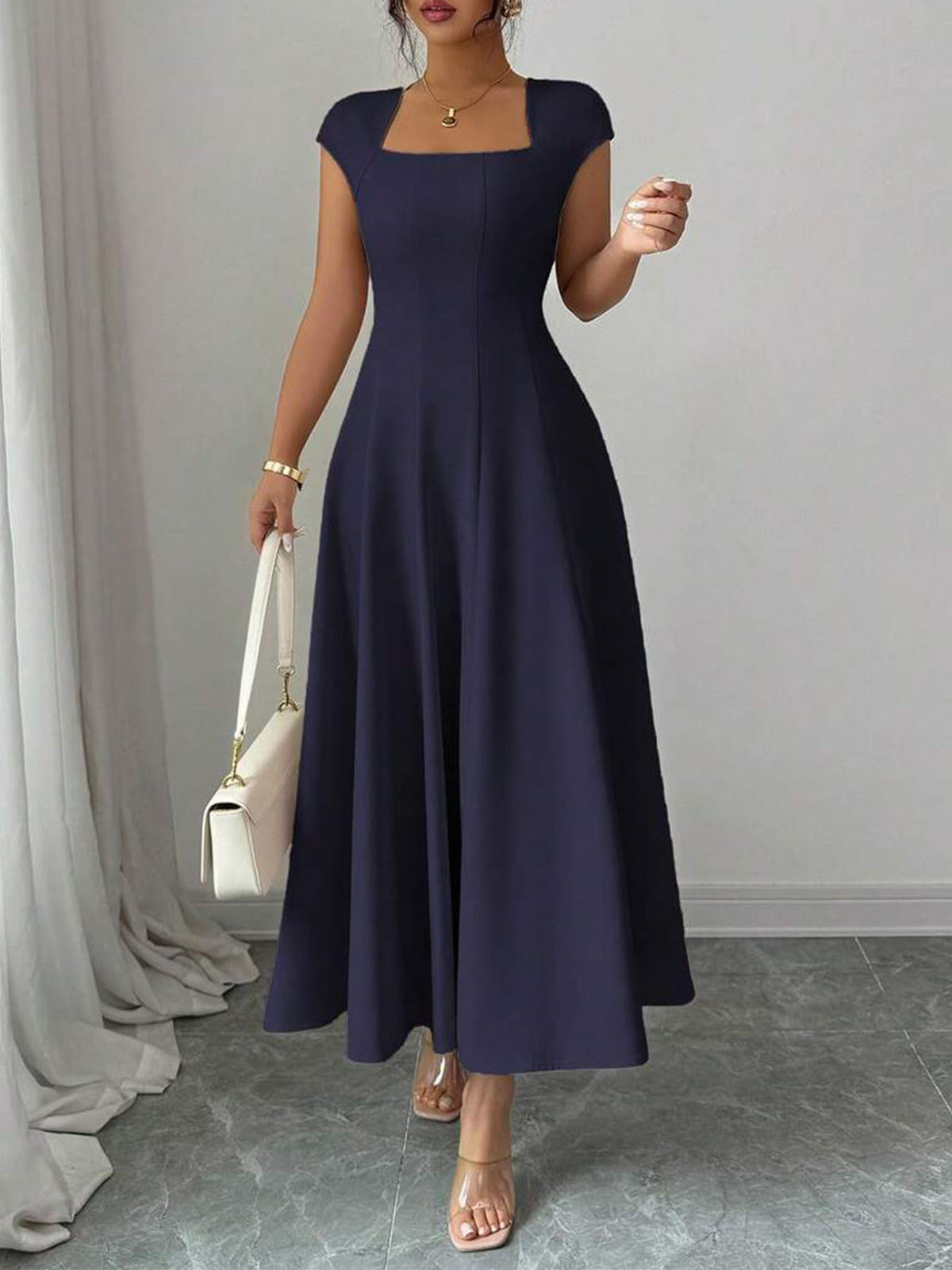 Elegant Square Neck Short-Sleeve Long Dress