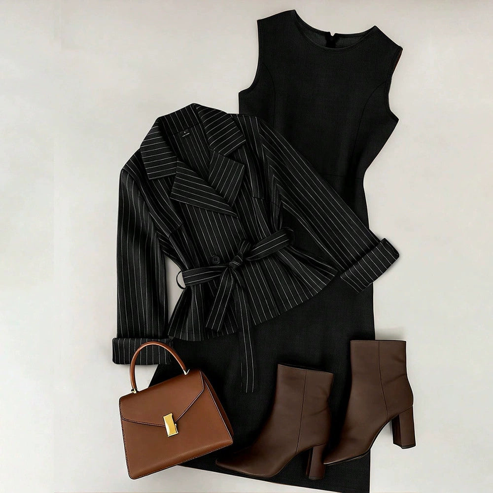 Cross-Border European and American Style 2026 Spring New Women's Two-Piece Set: Tie-Waist Blazer + Solid Color Skirt Set
