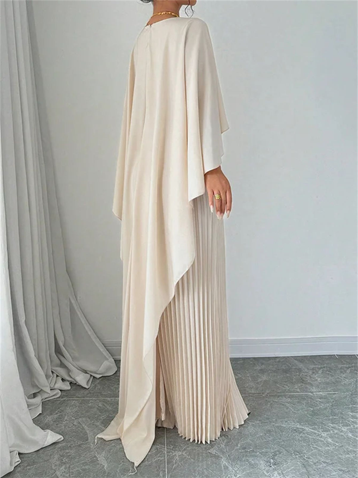 Amazon 2025 New European and American Fashionable Loose Bat-Sleeve Pleated Asymmetrical Elegant Dress for Women
