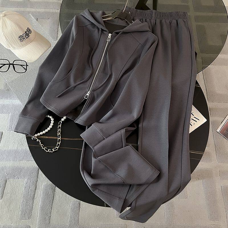 Elegant Casual Sports Suit for Women, Spring and Autumn Thin Style, Slim-Fit Long-Sleeve Hooded Sweatshirt, Wide-Leg Pants, Two-Piece Running Set