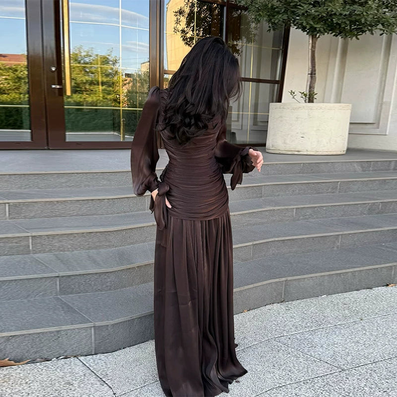 2025 New Autum Women's Clothing European and American Amazon Cross-Border Export Pleated Long-Sleeved Waist Coffee Dress