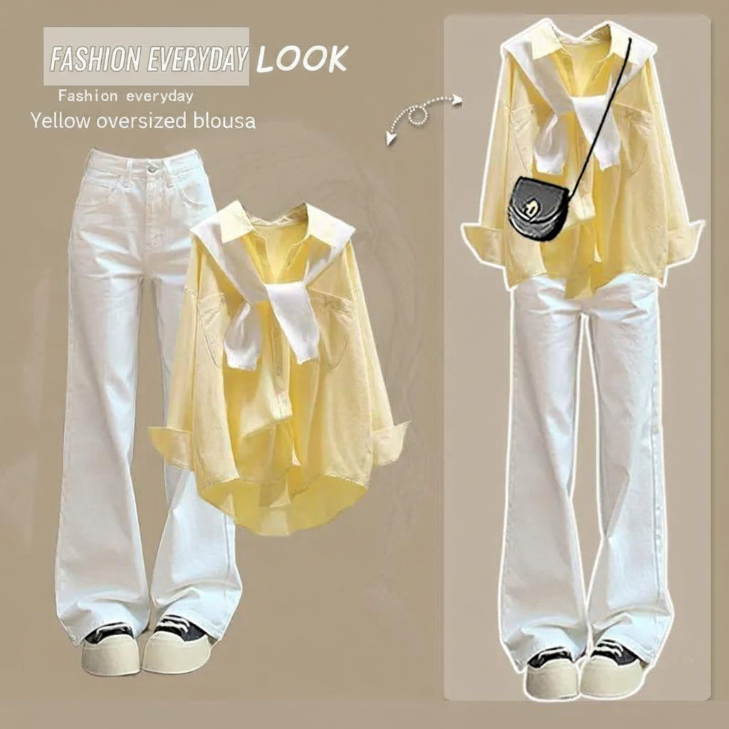 plus size women's autumn suit women's 2024 new fashion age-reducing shirt shawl waist jeans three-piece set