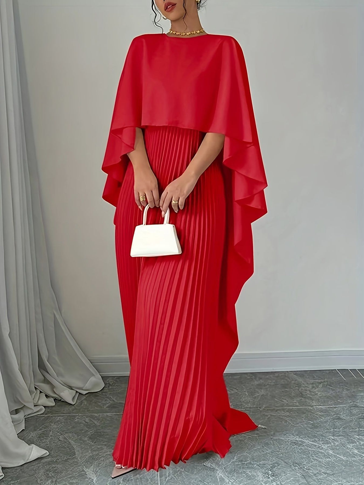 Amazon 2025 New European and American Fashionable Loose Bat-Sleeve Pleated Asymmetrical Elegant Dress for Women