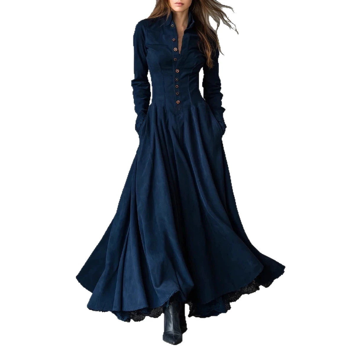 European and American Cross-Border 2025 Independent Site French Retro Style Faux Suede Lace Trim Patchwork Shirt Dress in Stock