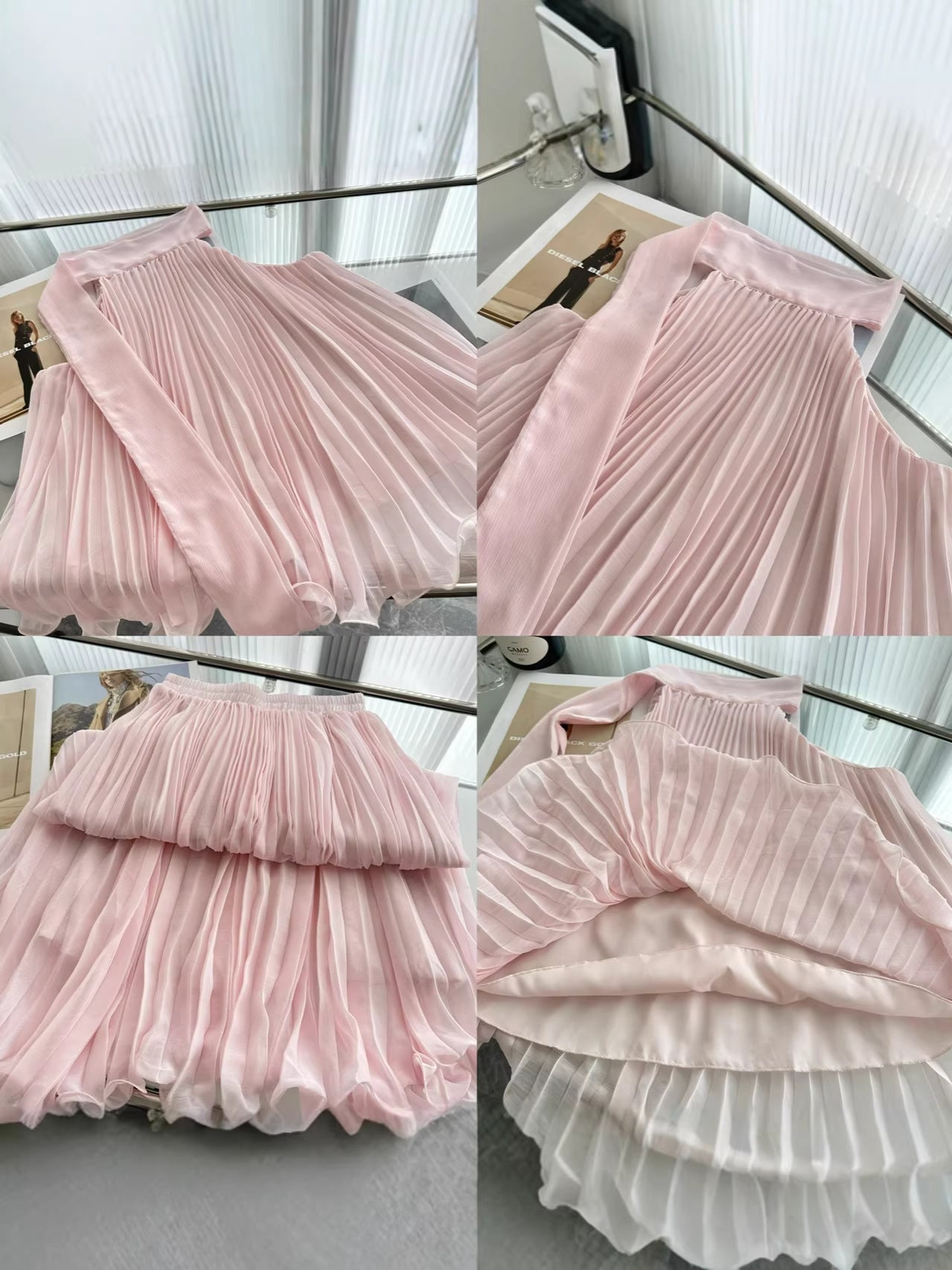 "Xinxing" Spring and Summer New French Resort Style Chiffon Pleated Ribbon Strap Top and A-Line Skirt Two-Piece Set