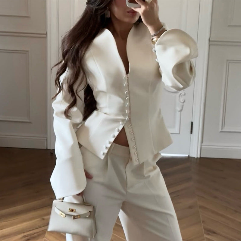 European and American Cross-Border Women's Fashion 2026 Spring New Style Elegant Deep V-Neck Single-Breasted Slim-Fit Short White Blazer Jacket