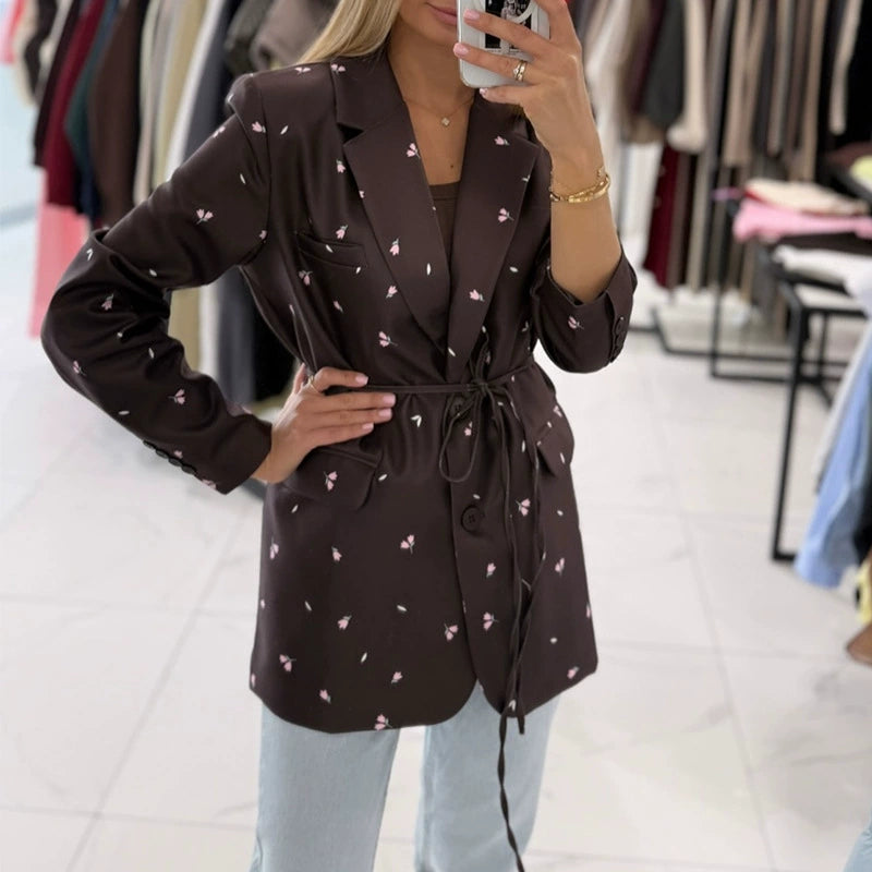 European and American Cross-Border Women's Clothing 2025 New Autum Fashion Sweet Floral Lace-Up Slim Long-Sleeved Suit Jacket Top