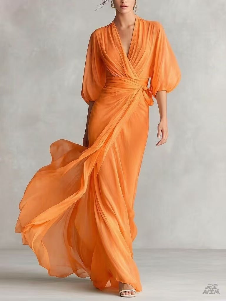 2026 European and American Amazon Socialite Deep V-Neck Long Dress with Lantern Sleeves and Cinched Waist for Romantic Autumn Banquets