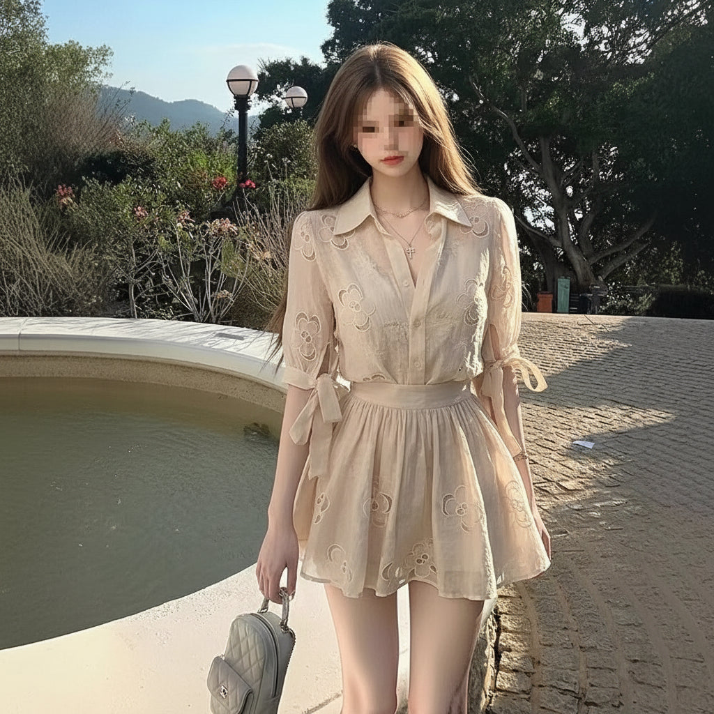 French-Style Gentle and Elegant Women's Outfit, 2026 Spring/Summer New Jacquard Shirt and Skirt Two-Piece Set with a Sense of Design