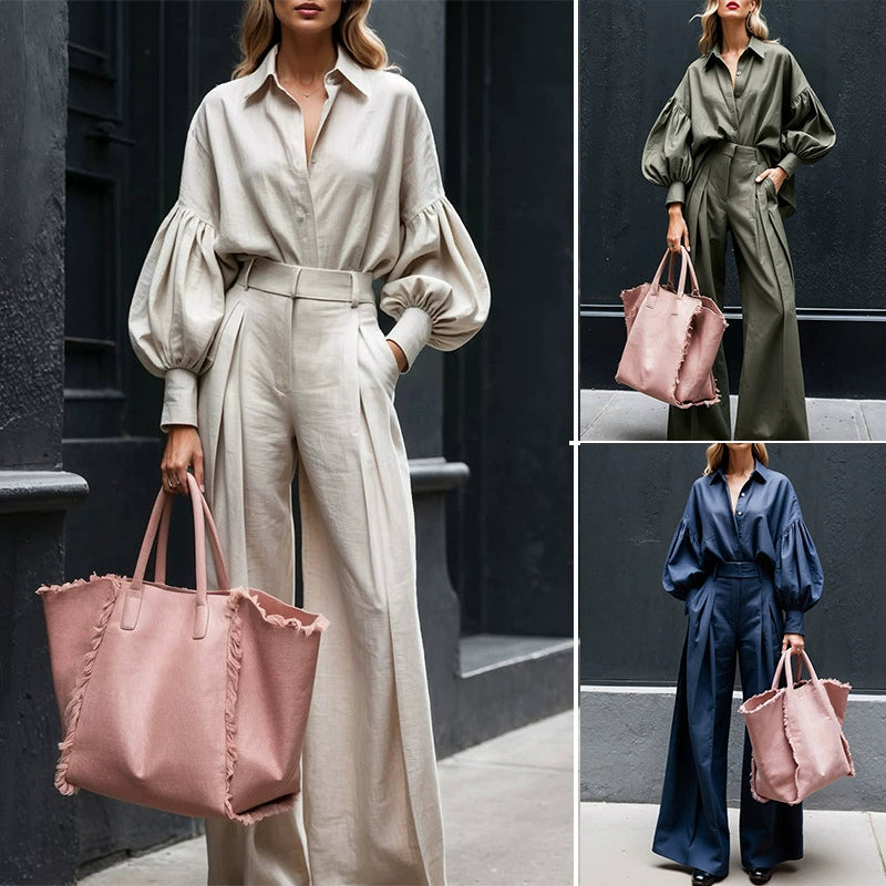 Fd2205 In-Stock 2025 Autumn New Cross-Border Solid Color Long Sleeve Shirt Wide-Leg Pants Fashion Cotton Linen Two-Piece Set