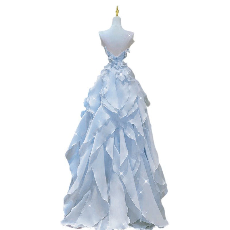 Blue Evening Dress 2026 Summer New Fairy-Style Strapless Trendy Banquet Host Graduation Adult Gown