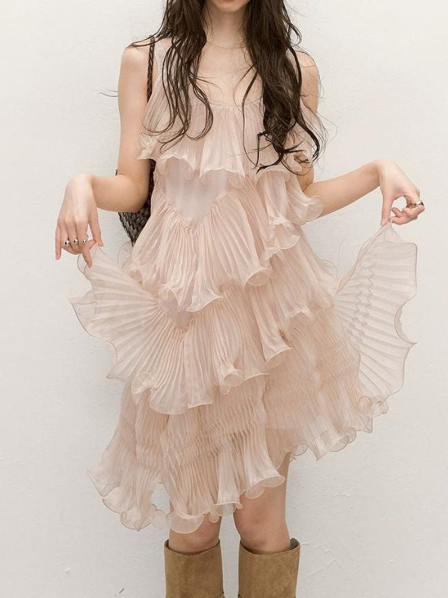 Song Weiyun-1 Roman Pinecone Pink-Toned Light Luxury Design Heavy-Duty Pleated Irregular Dress