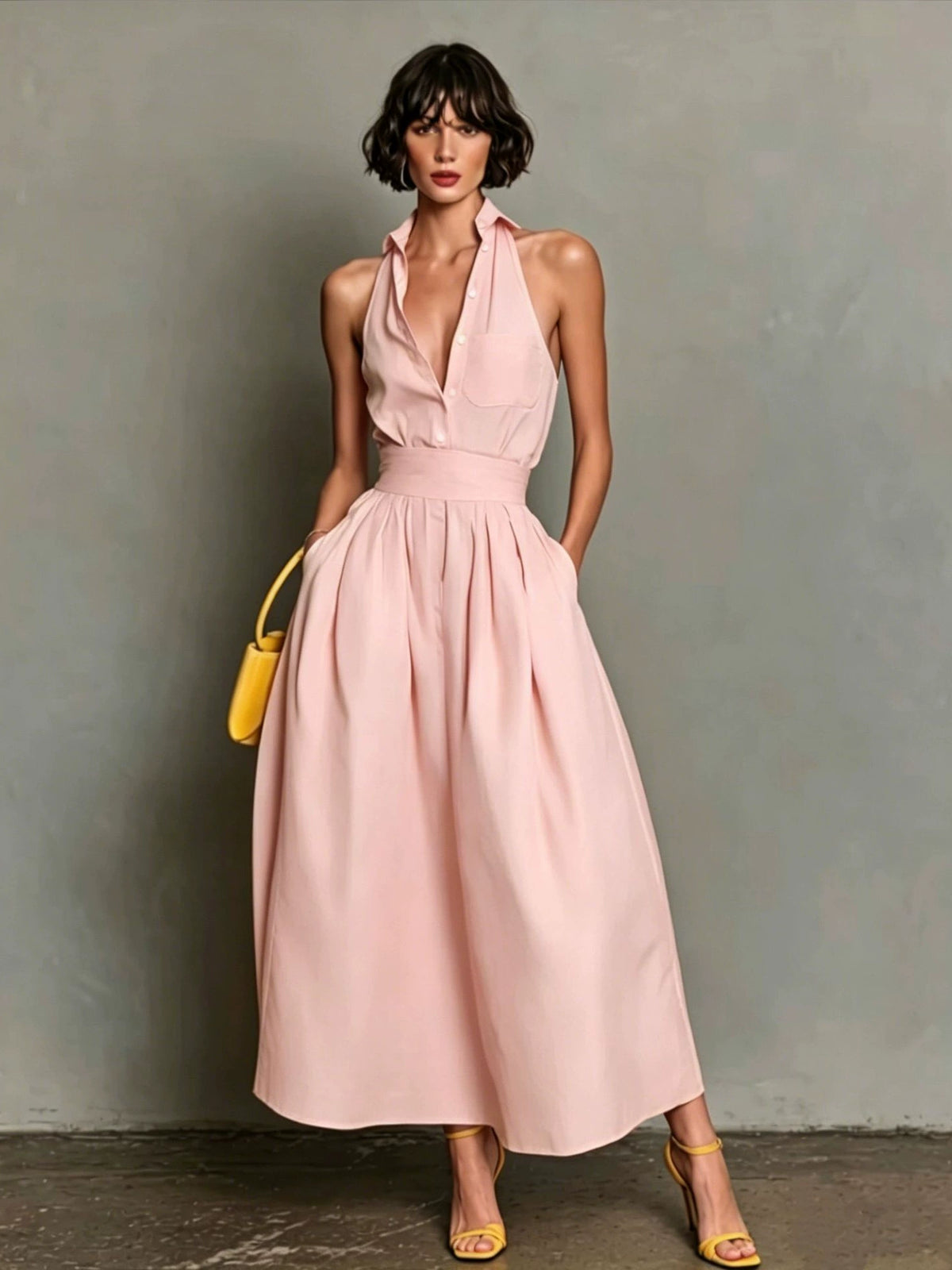 2026 New Summer European and American Cross-Border Amazon Foreign Trade Elegant Sleeveless Shirt Collar Women's High-Waisted Skirt
