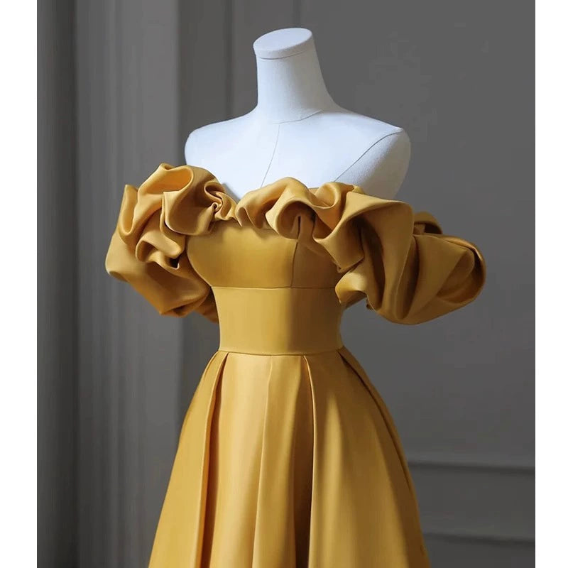 off-shoulder banquet evening dress dress women's satin yellow temperament light luxury niche high-end art test host dress