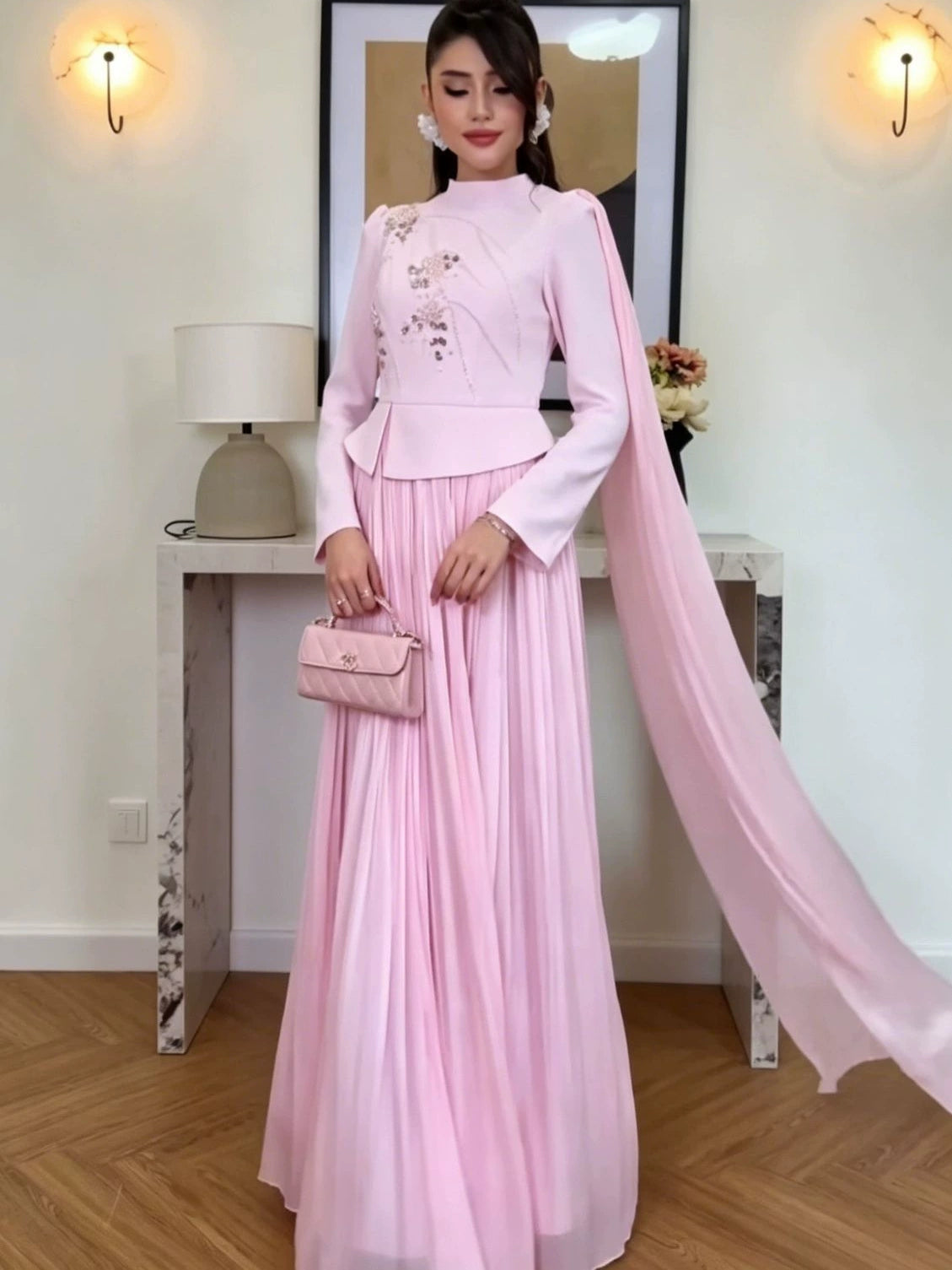 Spring 2026 European and American Amazon Cross-Border Heavy-Duty Rhinestone and Pearl Long-Sleeve Chiffon Dress