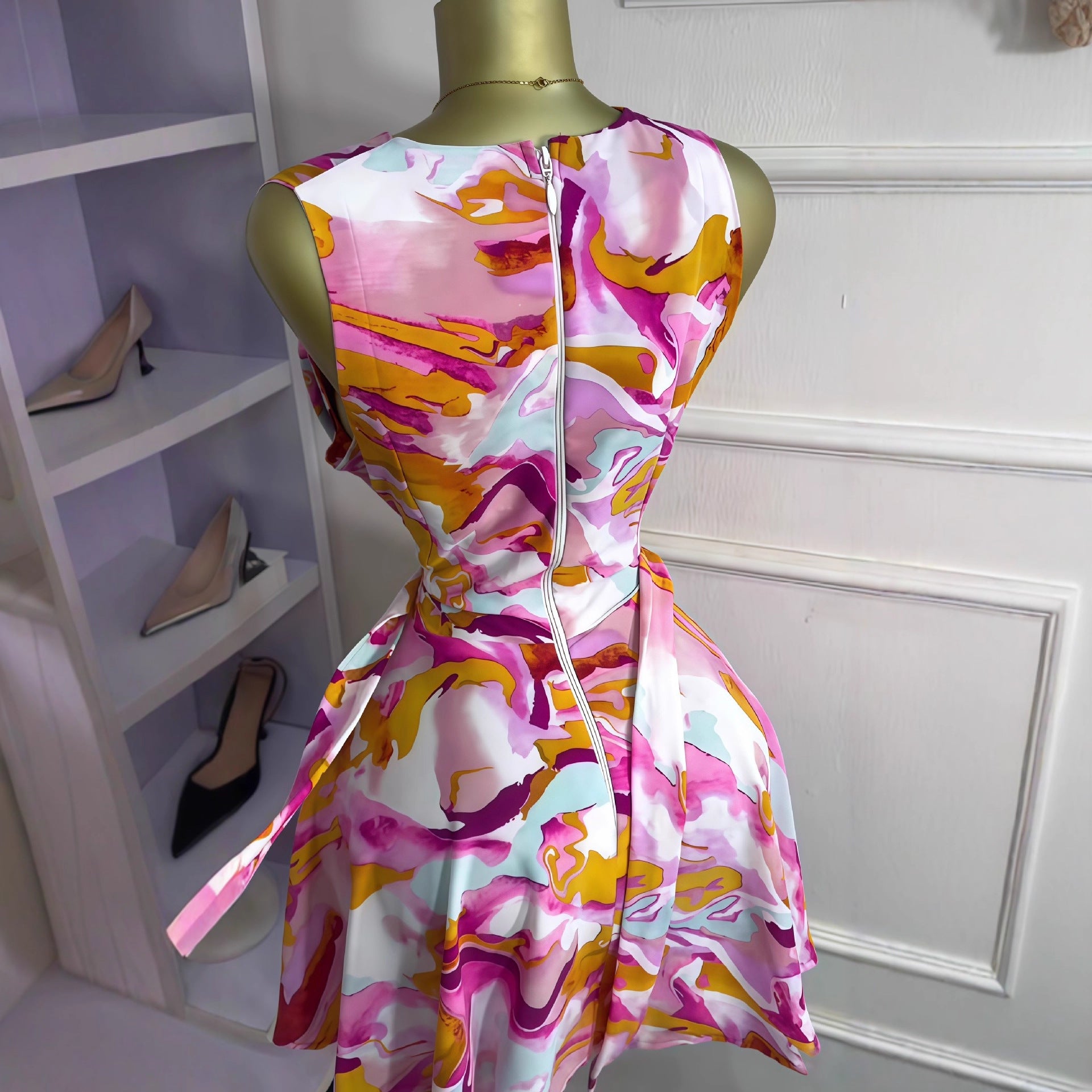 European and American Cross-Border Women's Clothing 2025 New Autum Sleeveless Swing Collar Waist Strap Elegant Printed Short Dress