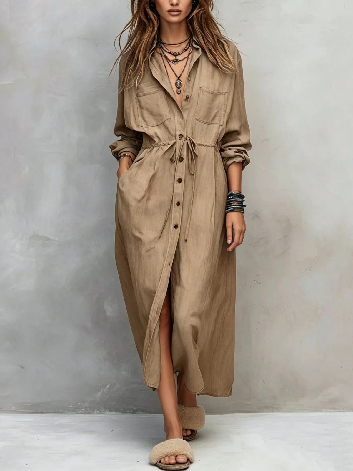 2026 Spring and Autumn Collection Independent Store Amazon European and American Casual New Drawstring Waist Shirt Dress Loose Dress
