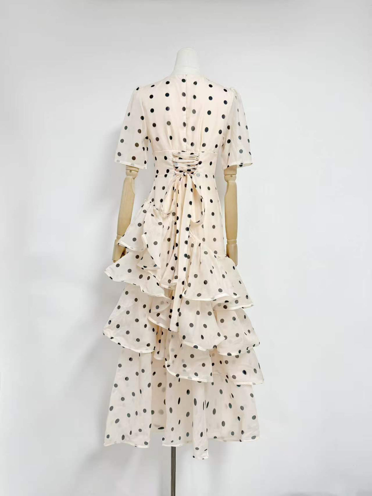 Irregular V-Neck Tie-Up Long Dress 2026 Cross-Border New Product Apricot Color Polka Dot High-Waisted Short-Sleeved Dress