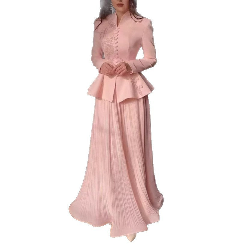 Enchanted Beaded Court-Style Two-Piece Evening Gown with Elegant Back Tie and Pleated Design